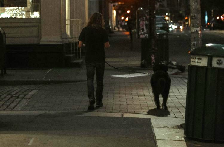 A male dog owner walking a dog at night in a city.