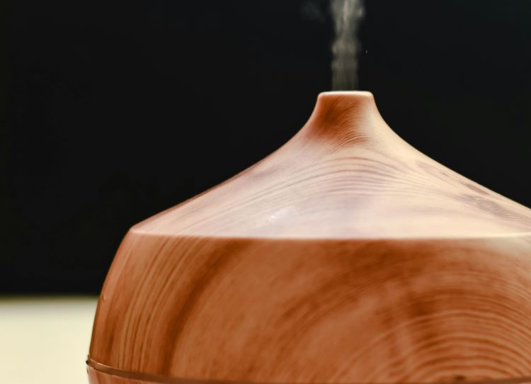 A wood-colored essential oil diffuser being used for pet aromatherapy.