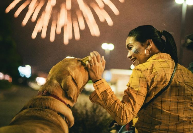 woman-dog-fireworks