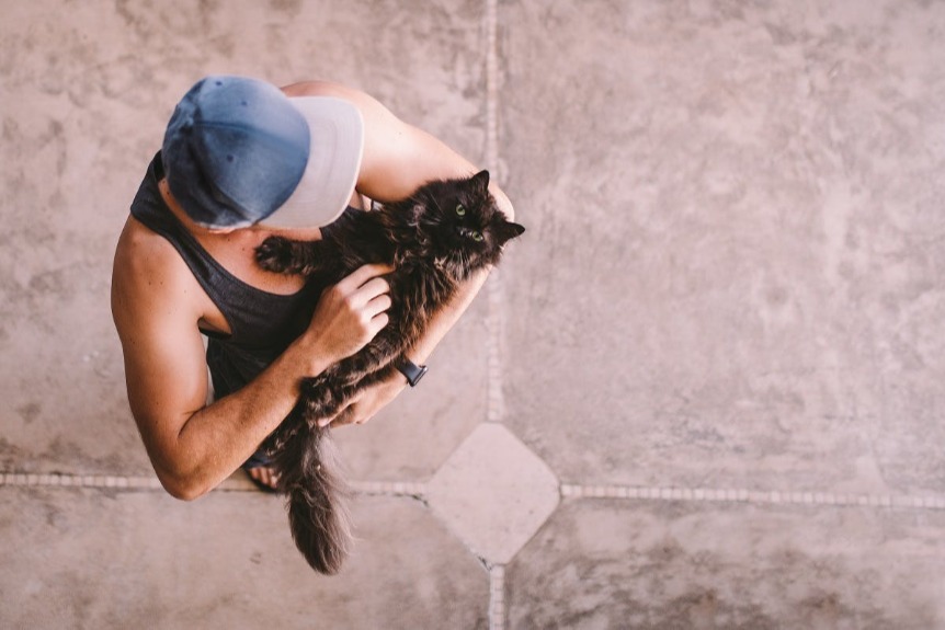 Overview of a man in a ball cap holding a fluffy dark cat like a baby