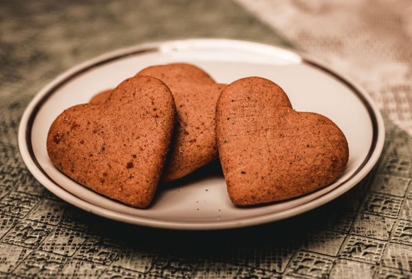 Close up of heart-shaped dog treats on a plate that make a great pet Christmas gift.