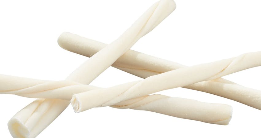 Close up view of rawhide dog chew sticks